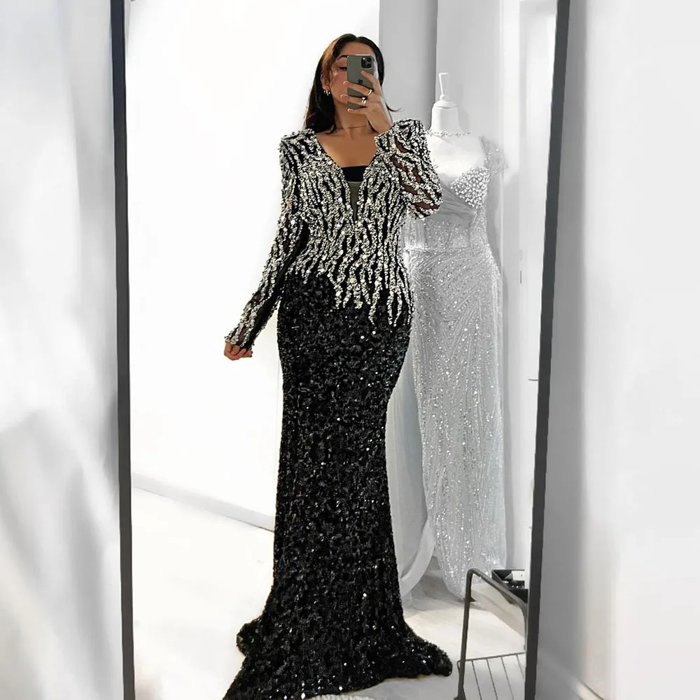 Luxury Black Mermaid Dubai Evening DressesV-Neck Long Sleeves Arabic Women Formal Party Gowns Customized