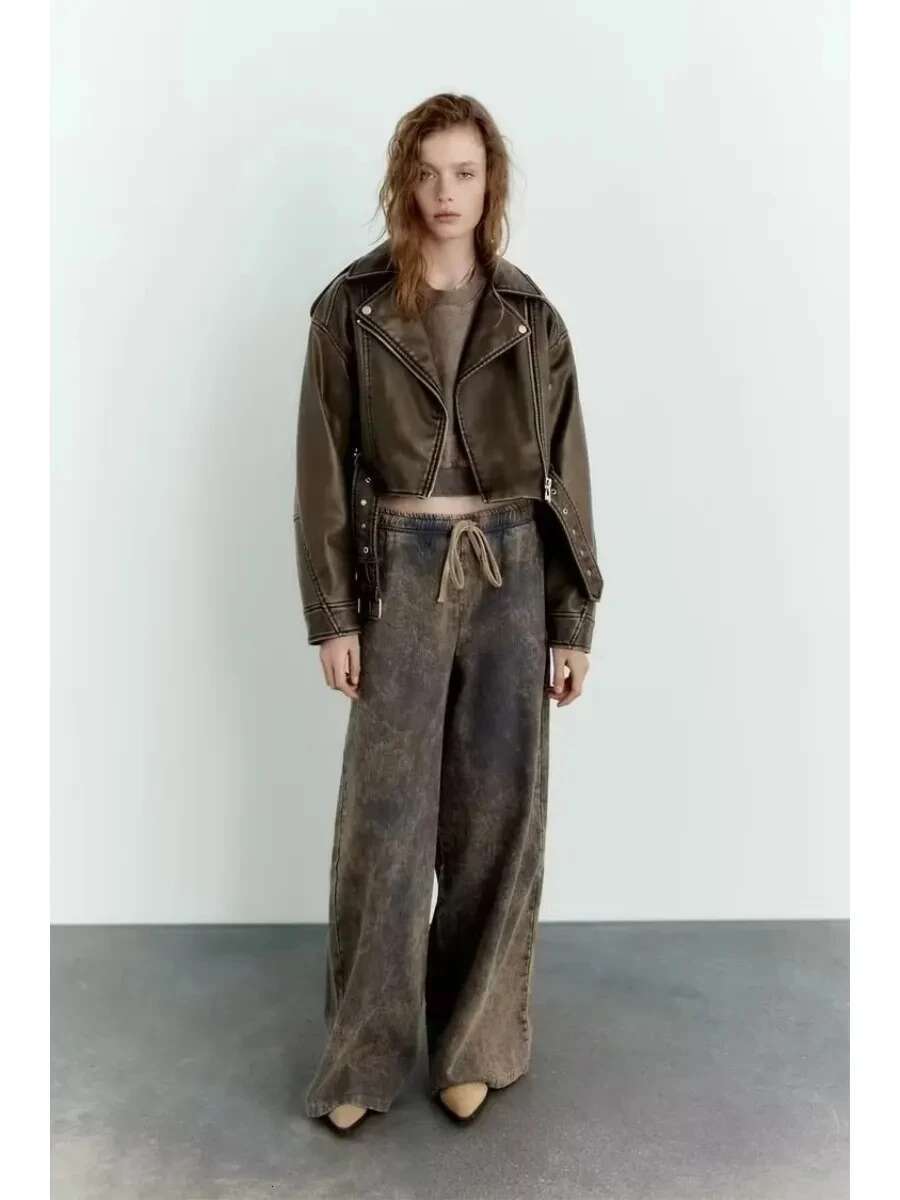 Za Women's European Station 2025 New Fashion Gradient Leather Jacket Spring Autumn Women Winfbreaker Coat