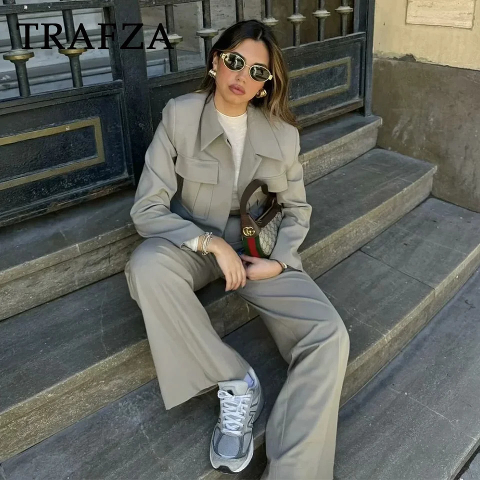 TRAFZA Spring Summer Casual Women Solid Suits Fashion Streetwear Pockets Turndown Collar Short JacketsChic Wide leg pants 250226