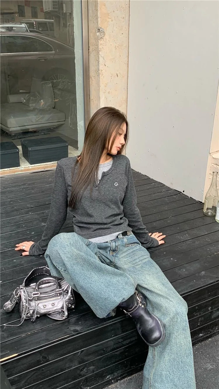 Autumn Winter Long Sleeves Korean Fashion Style Oneck Tshirt For Women two items Tshirts Ladies Top Tee Clothes 250226