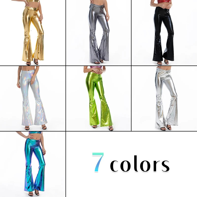 Womens sexy PU leather metal pants shiny holographic Flare womens elastic waist Flared Trousers dance performance club uniform 250227