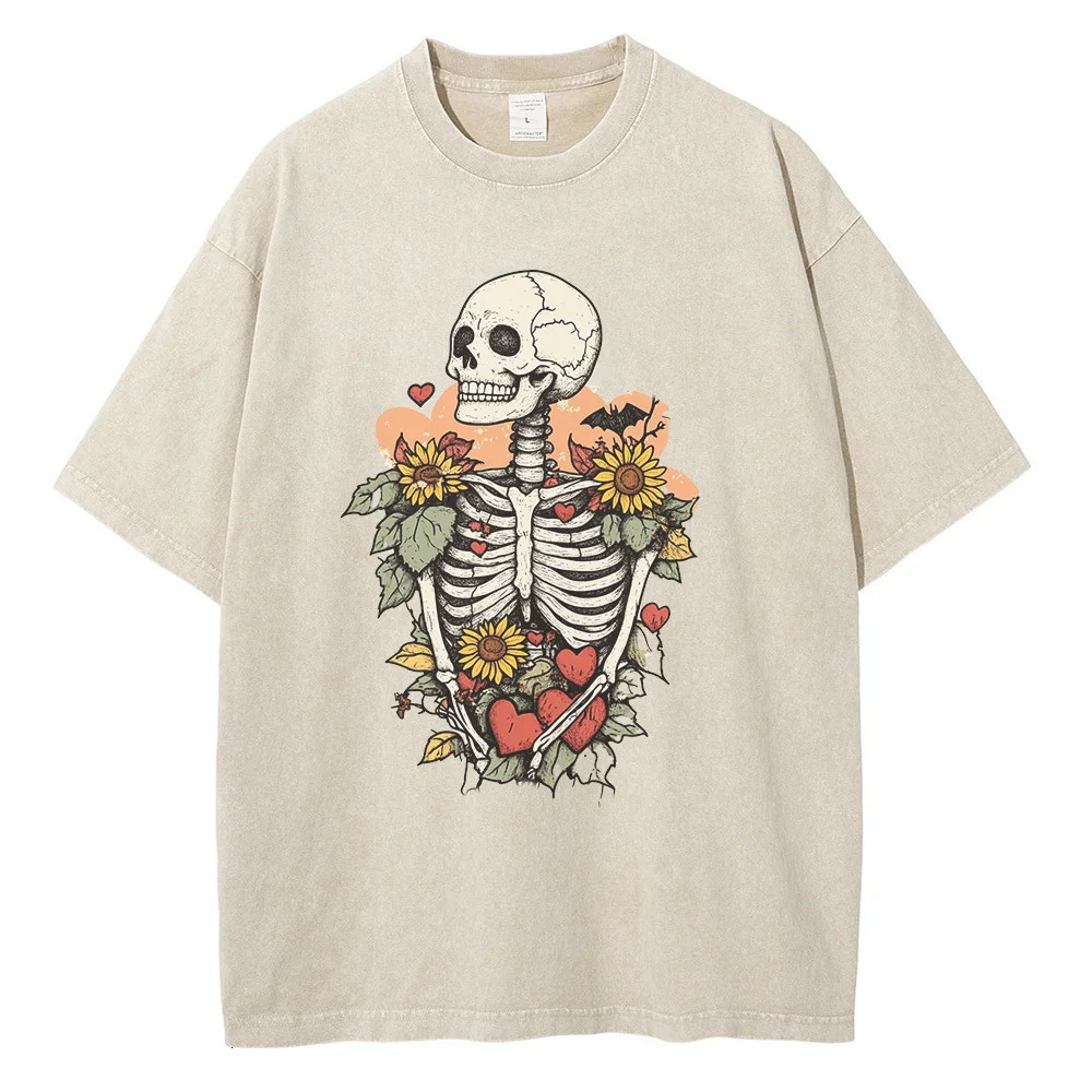 Heavyweight Cotton T Shirts Cute Skeleton Graphic Distressed Washed T Shirt Drop Shoulder Retro Gothic Oversized Tops 250226