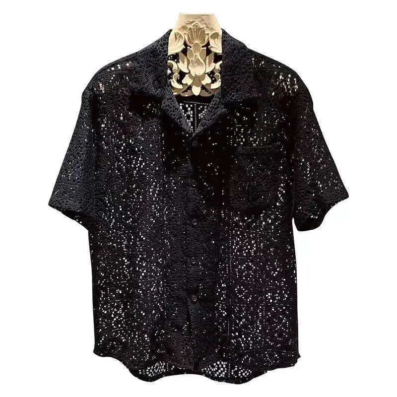 Elegant Fashion Harajuku Slim Fit Male Clothes Loose Casual Sport All Match Shirt Square Neck Hollow Out Button Pockets Blouse 250222