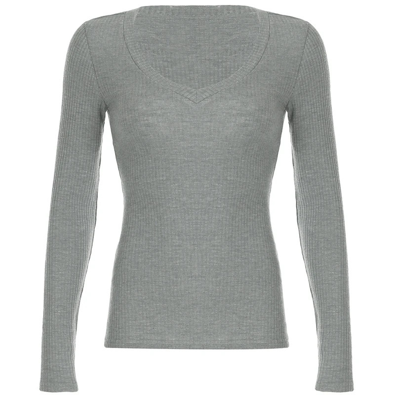 CIBBAR Slim-fitting Knitted Crop Top Solid Micro-transparent T-shirt Smock Women Sexy Full Sleeve V-neck Tees Shirts Y2k Vintage 250227