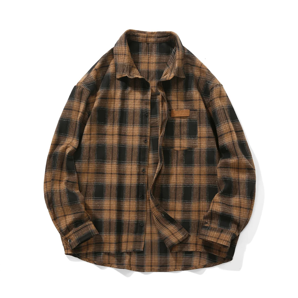 Vintage Mens Plaid Shirt Oversized Outer Top Clothes Casual Long Sleeve Checked Overshirt Single Pocket Buttons Blouse Male 250226
