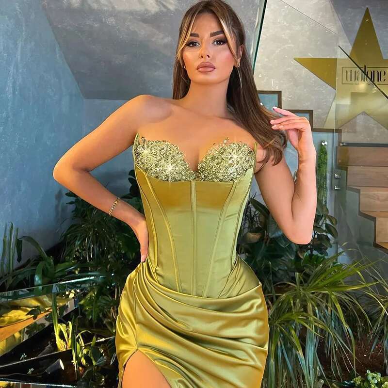 Satin Appliques Evening Dresses Fish Bone Pleat Sexy High Split Formal Party Prom Gowns Strapless Robe De Soiree Custom Made