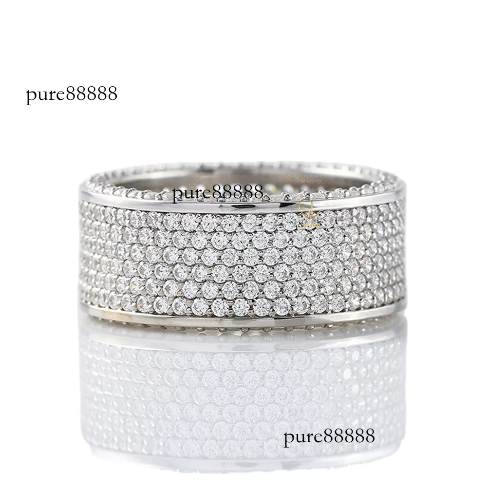 Band, Iced Out Men's Round Moissanite Engagement Ring, Full Eternity Wedding Wide Band Ring for Women