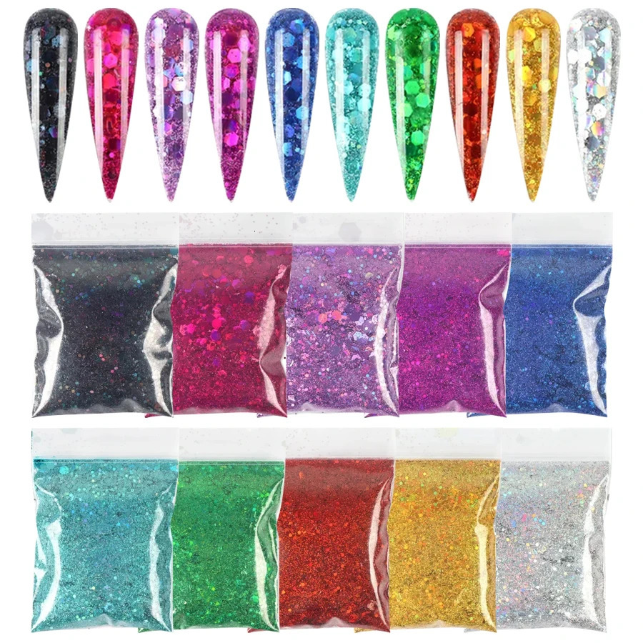 10 Colors 20g Holographic Nail Glitter Laser Color Nails Art Flakes Mixed Size Hexagon Sequin Nail Powder Nail Art Decoration 250227