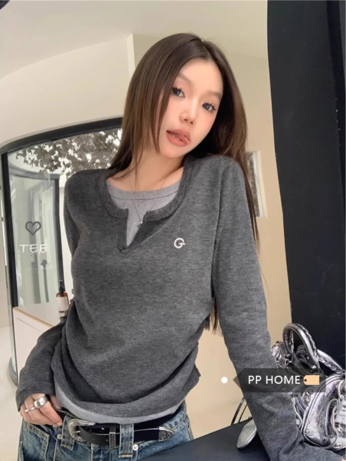 Womens Tshirt two piece long sleeved for autumn and winter slim fit slimming bottom top retro 250226