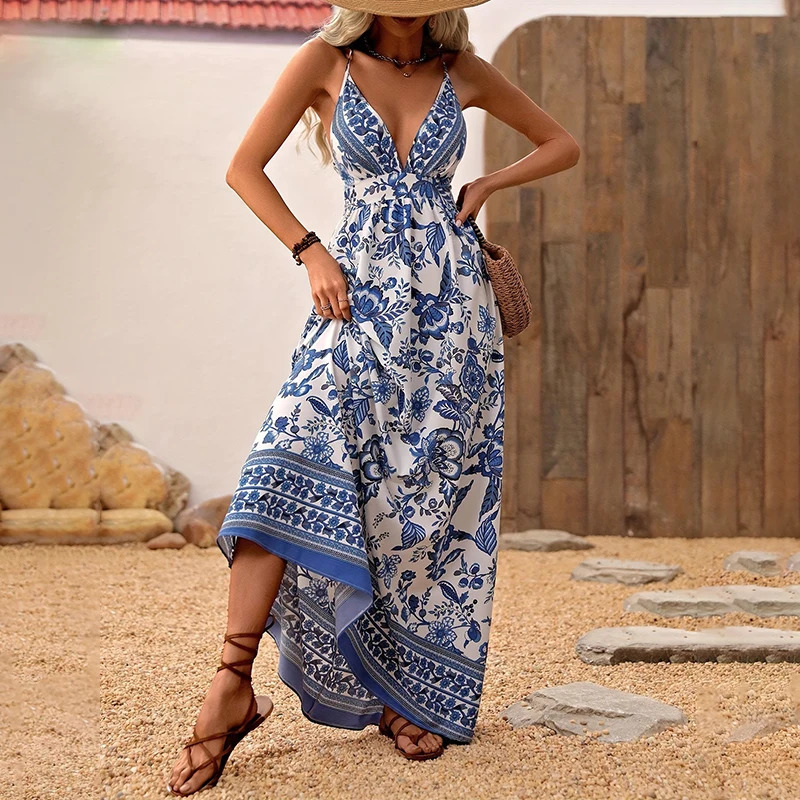 Summer Blue and White porcelain Flower Chiffon Mini Dress 2024 Elegant women Casual Bohemian Beach dress party slip dress250222