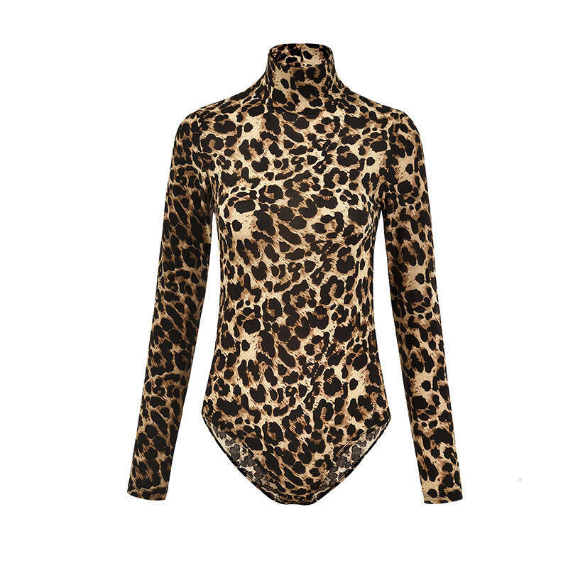 European and American women's autumn high neck long sleeved sexy leopard print jumpsuit for women, 2025 new casual versatile fashion clothing