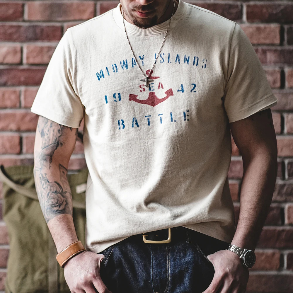 Maden summer cotton mens Tshirt retro anchor pattern casual Oneck soft and comfortable top letter 250226