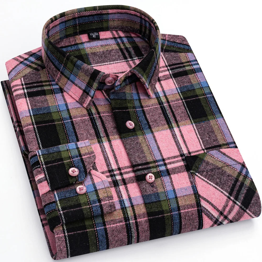 Plaid Shirt SpringSummer Fashion 100% Cotton Long Sleeve Flannel Red Checkered Casual Soft Formal Brushed Mens Top 250226