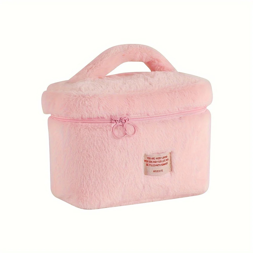 Ship from US Sweet Solid Color Plush Zipper Makeup Bag Lightweight Versatile Cosmetic Organizer With Handle 250227FBB