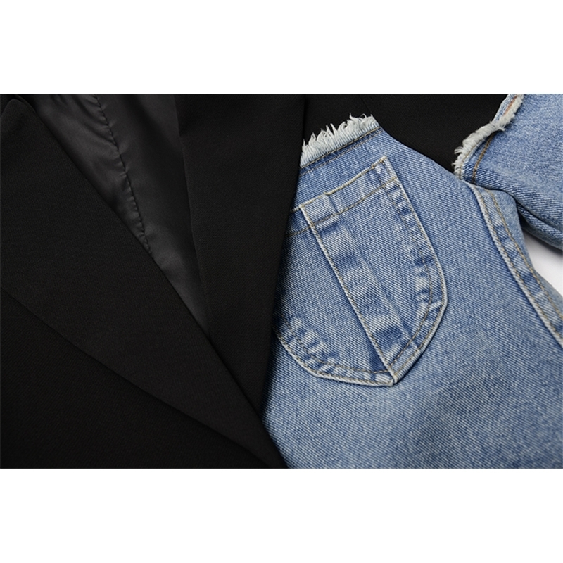 Women Vintage Fashion Blazer Denim Patchwork Jackets Autumn Winter Irregular Coat Women Long Sleeve Loose Korean Outerwear 250226