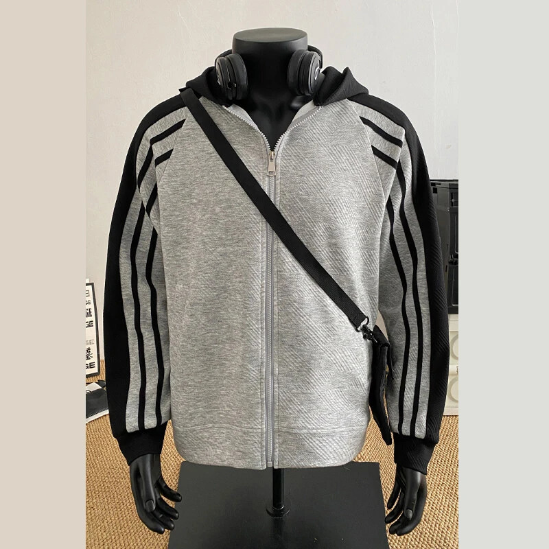 PFHQ Spring Cardigan Sweatshirt Contrast Color With Hat Long Sleeve Casual Male Tops Korea Fashion 21E1161 250226