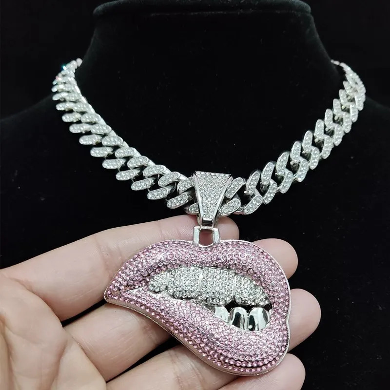 Men Women Hip Hop Bite Lip Shape Pendant Necklace with 13mm Crystal Cuban Chain Iced Out Bling HipHop Necklaces Fashion Jewelry 250227