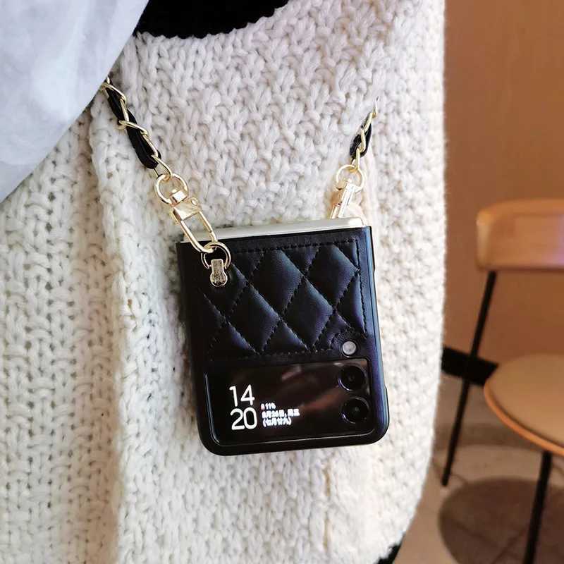 Fashion Crossbody Lanyard Rhombus Lambskin Leather Phone Case For Galaxy Z Flip 6 5 4 3 5G Long Chain Cover Z250227