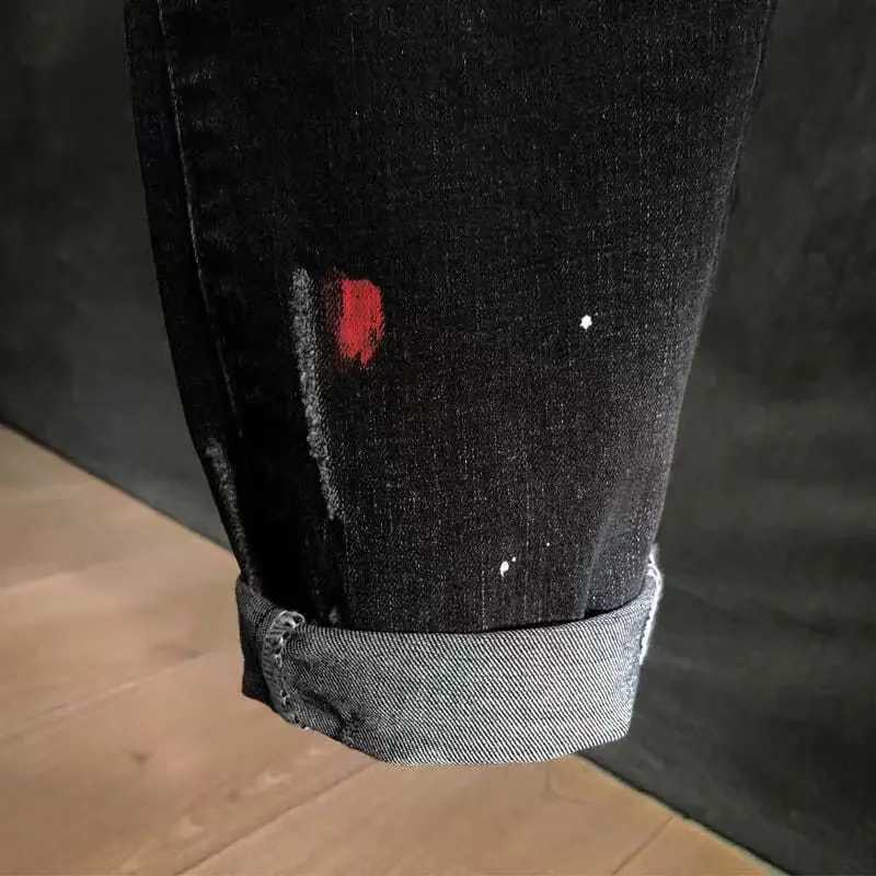 New 2025 Autumn Korean Style Work Ripped Hole Black Cowboy Hip Hop Dotting Ink Slim Jeans Mens Luxury Denim Pants for Men X250227