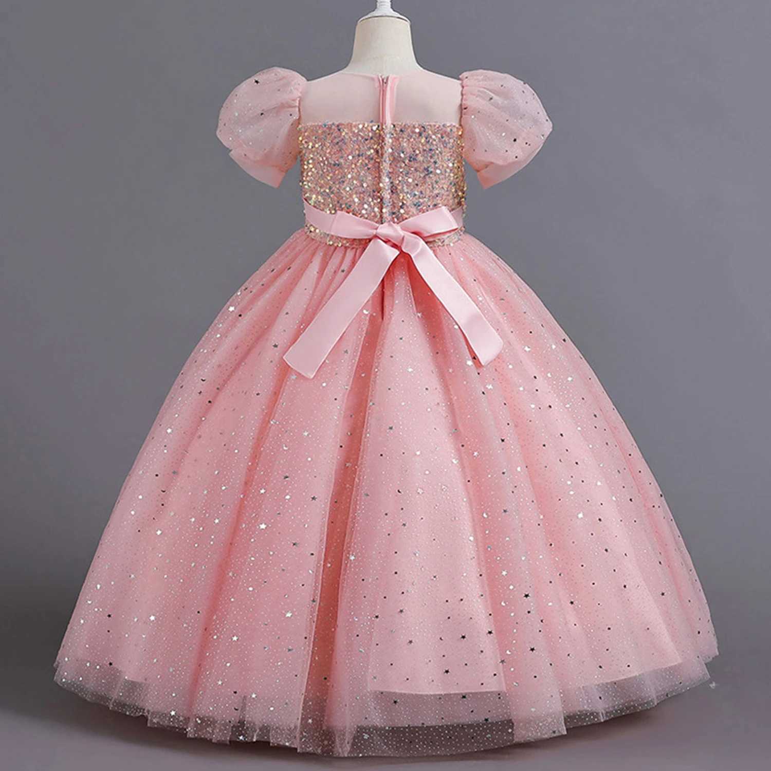 Girl's Dresses Shining toddlers big girls sequins puffs sleeves floral girls birthday party dresses formal evening dresses Y2502276TJP