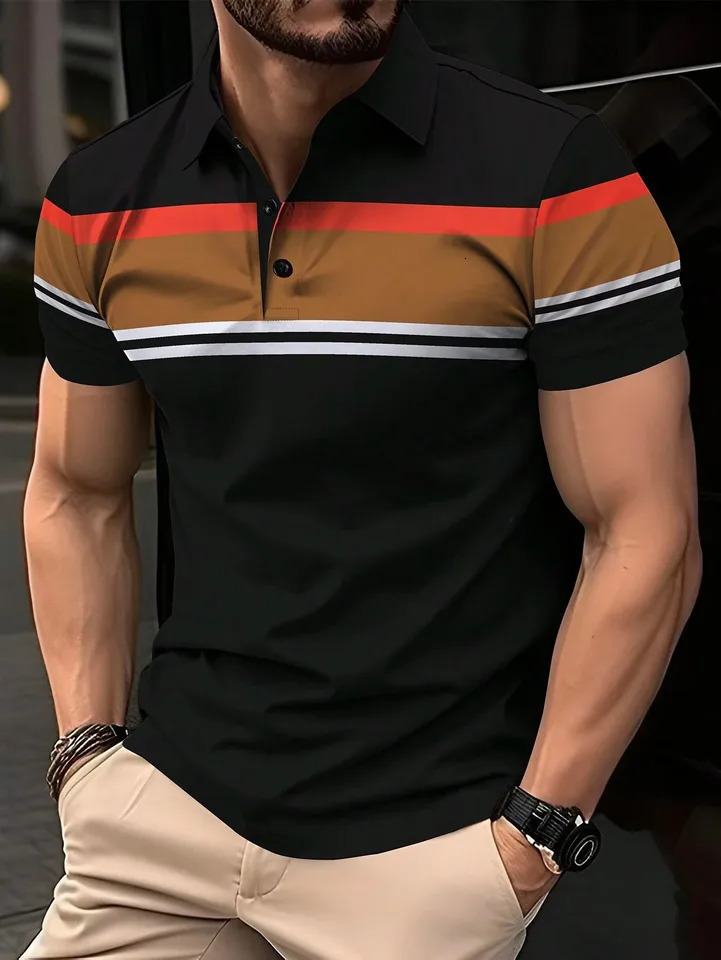 Summer Mens Polo Shirt Button Collar Short Sleeve Pullover Casual Sports Solid Color Striped Lapel Trend Mens T Shirt 250227