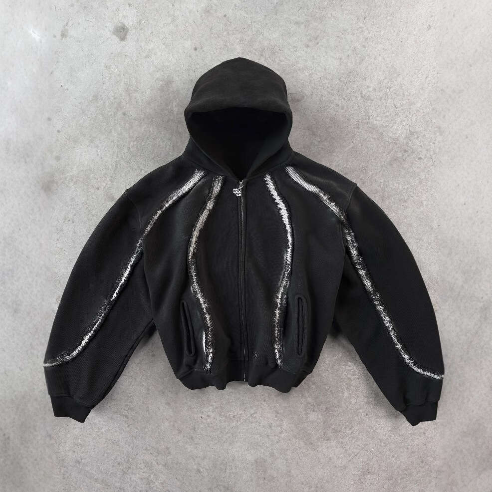American heavy industry embroidery damaged high street dark punk design men's and women's loose hooded sweatshirt zipper jacket