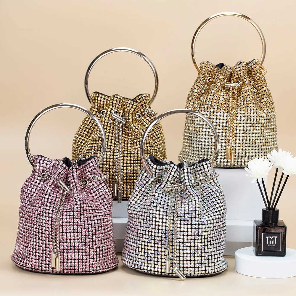 New Arrival Rhinestone/Sequin Bucket Bag with Jewelry Set Women Silver Bling Evening Handbag Glitter Diamond Cell Phone Purse T250227
