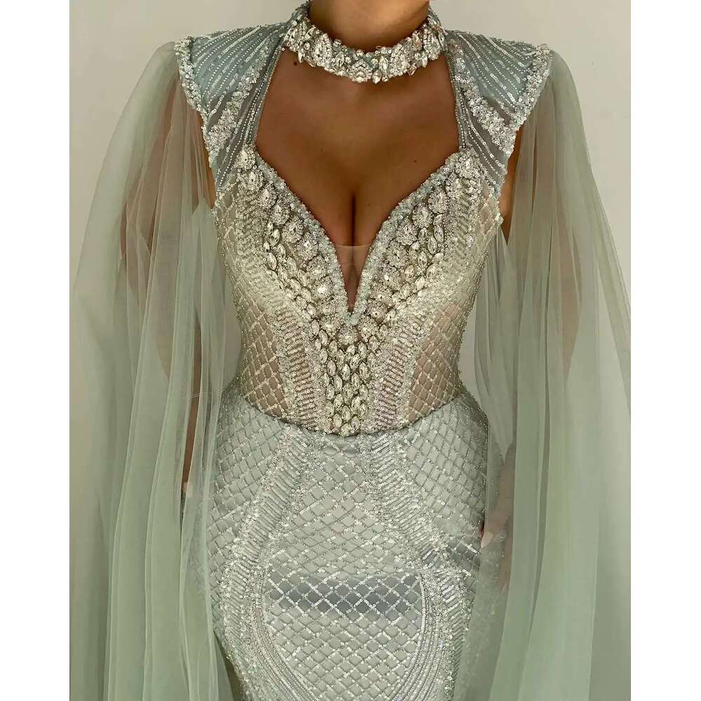 Mermaid Wedding Dresses with Sequins and Crystal Beads, Hollow Tulle Cape, Sweep Bridal Train, Custom Made Design, The