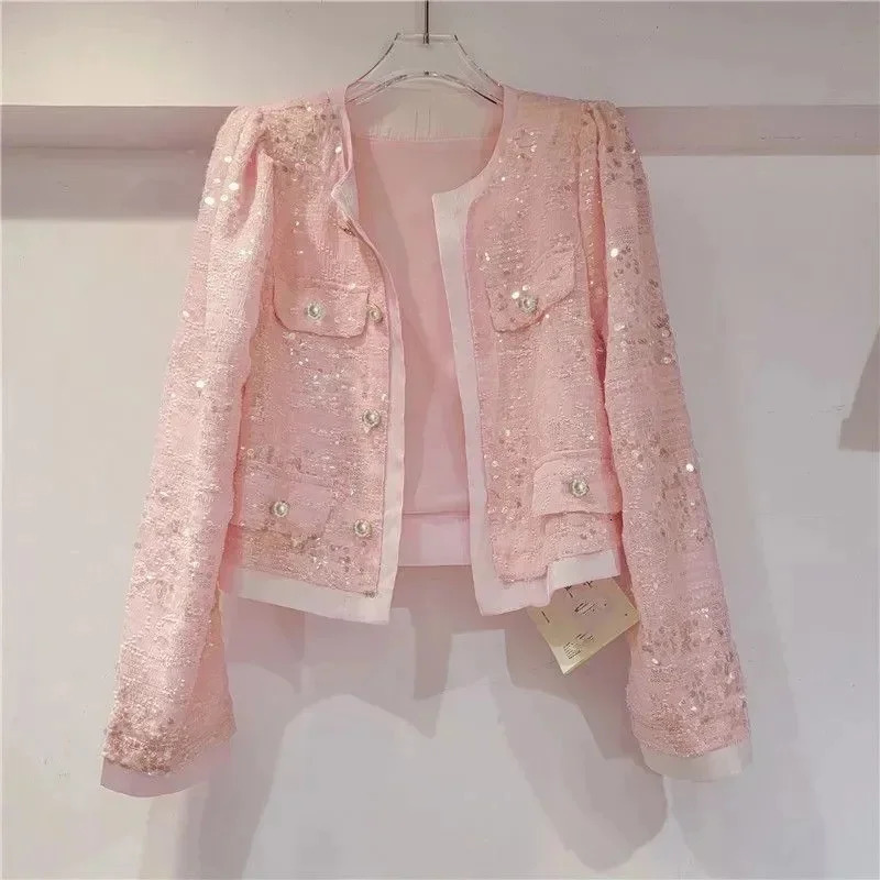 Womens Korean Outerwear Cardigan Splicing Sequin Jacket Spring Female Long Sleeved Stylish Socialite Versatile Slim 250227