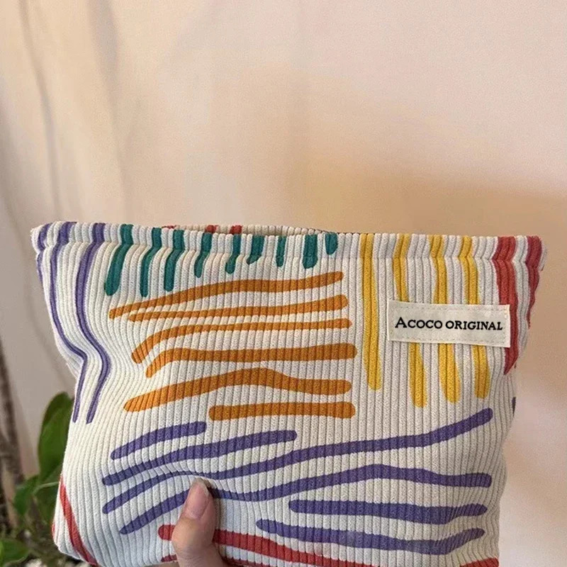 Ship from US Colorful Stripes Corduroy Cosmetic Bag Portable Travel Toiletry Skincare Sundries Aesthetic Makeup Storage Perfume shelf 250227FBB