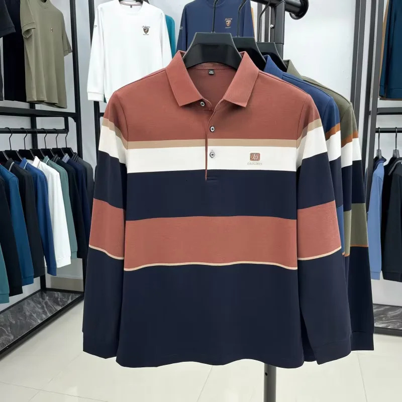 High end striped long sleeved fashionable embossed mens polo shirt 2025 Autumn silk cotton comfortable casual T-shirt 250224