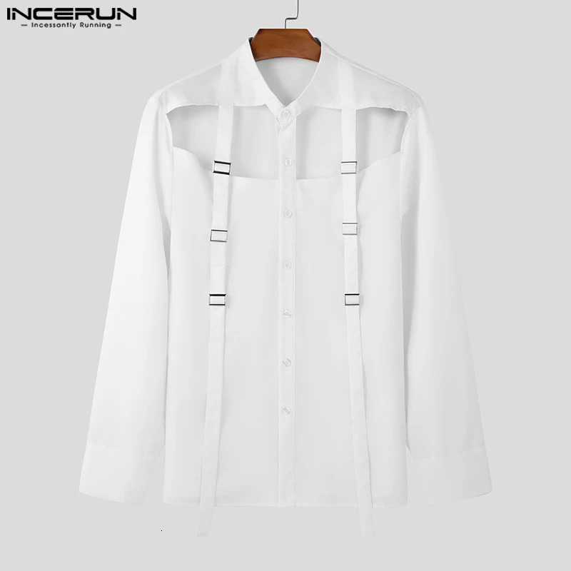 INCERUN Mens Selling Tops Stylish Hollow Ribbon Metal Buckle Shirts Handsome Male Solid Long Sleeved Casual Blouse S-5XL 250224