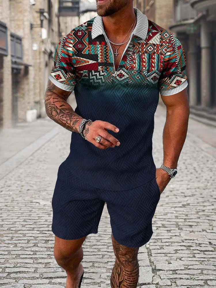 Summer pattern 3D printed mens track set casual zipper polo shirt and shorts 2-piece set fashionable streetwear mens clothing 250224