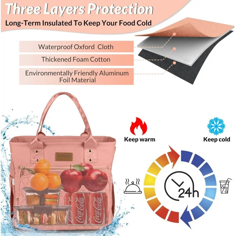 Ship from US Large Womens Lunch Bags Insulated Durable Nylon Thermal Tote with Storage Pocket 13L x 63W 113H Pink 250227FBB