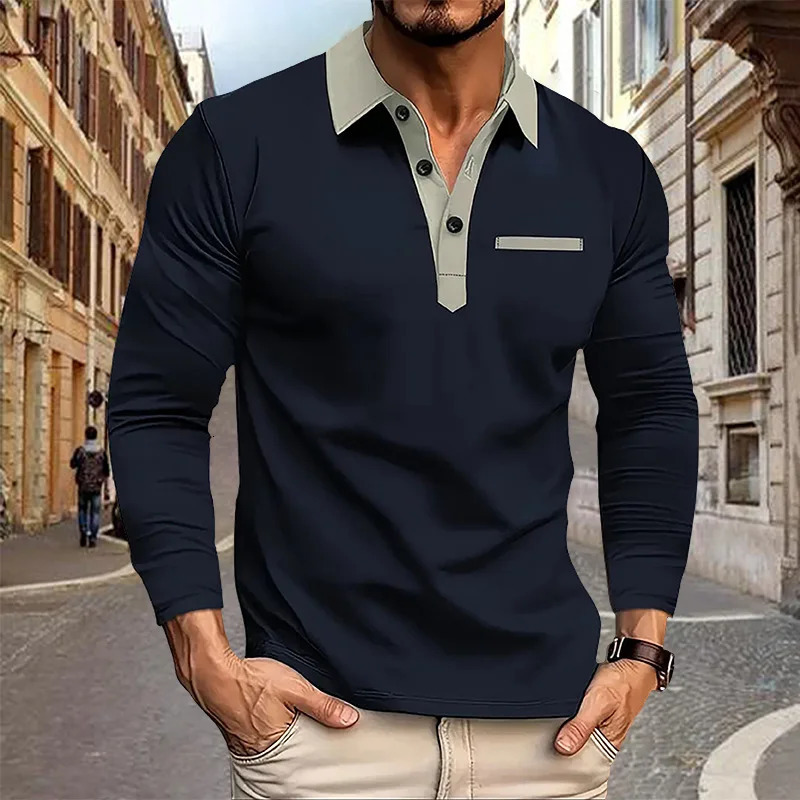 Spring and Autumn Mens Long sleeved Polo Shirt business casual Fashion Classic lapel neck European American plus size 250226