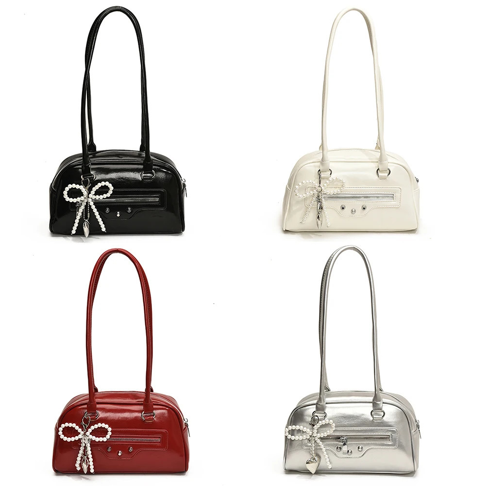 Ship from US Women PU Shoulder Bag Trendy Tote Handbag Large Capacity Chic Hobo Zip Closure with Bow Pendant Outdoor Travel 250227FBB