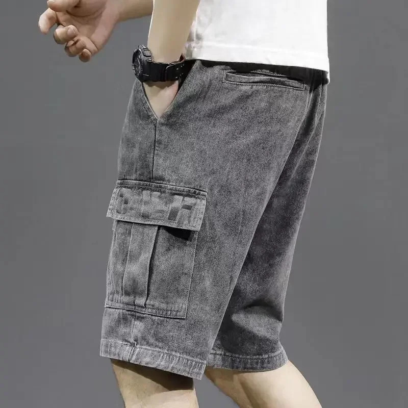 Mens Denim Shorts Straight Baggy with Text Loose Short Jeans Pants Wide Trend Summer Xxxl Sale Thin Cut Buttons Blue 250226