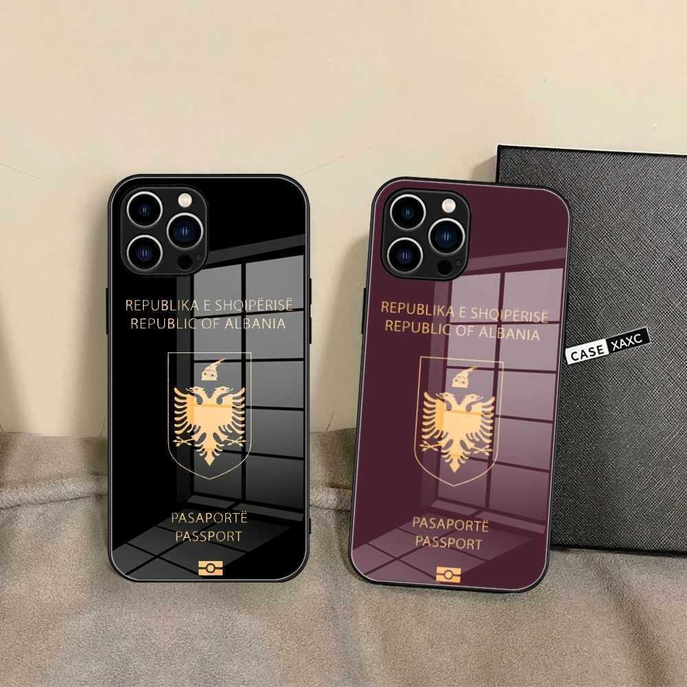 Albania Passport Phone Case Glass Shell FOR IPhone 14 11 12 8 7 15 Plus 13 Pro MAX XR XS MINI Covers Z250227