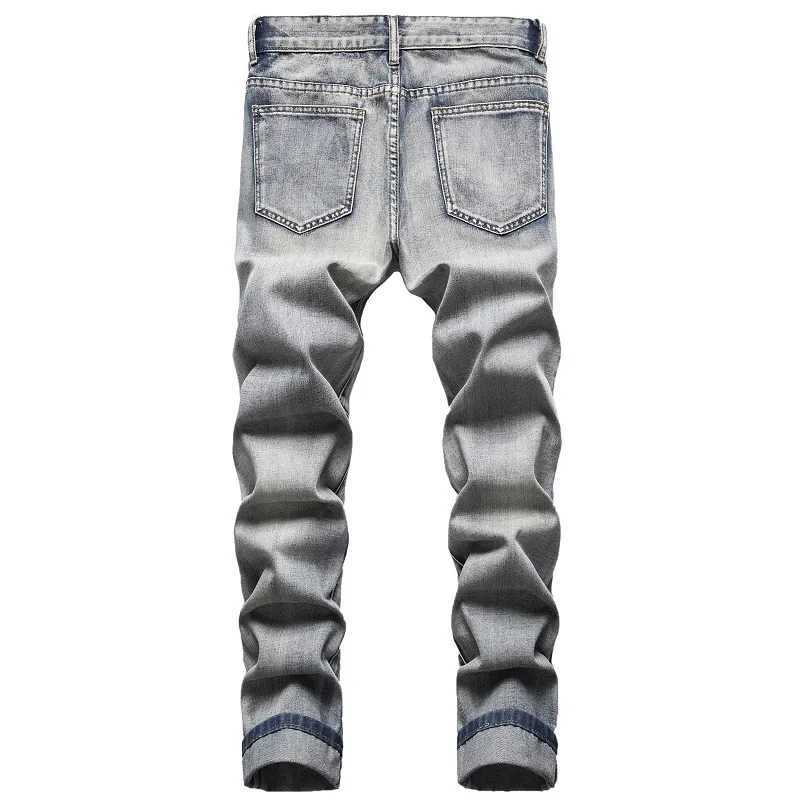 New Mens Nostalgic Ripped Jeans Embroidered Straight-leg Slim Fit Male Casual Colorblock Denim Trousers Mens Pants X250227