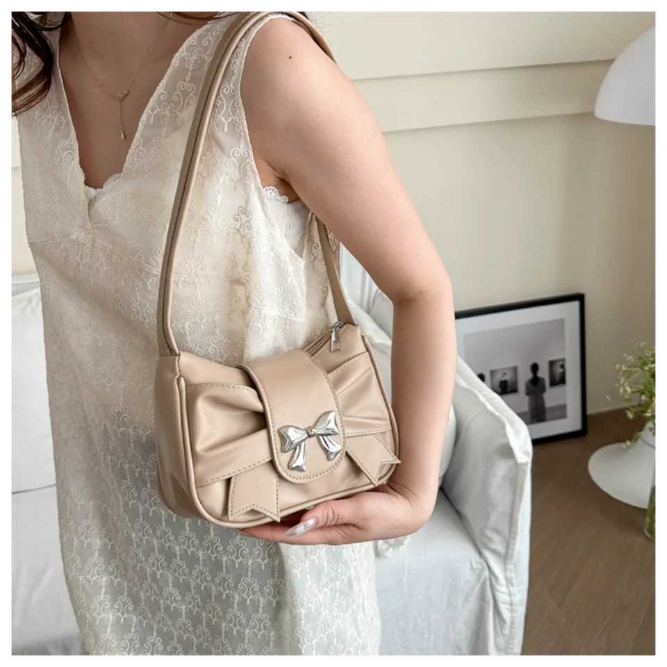Korean Bow Pleated Shoulder Bag For Women 2024 Spring Summer New Armpit Bag HandbagXJ250227