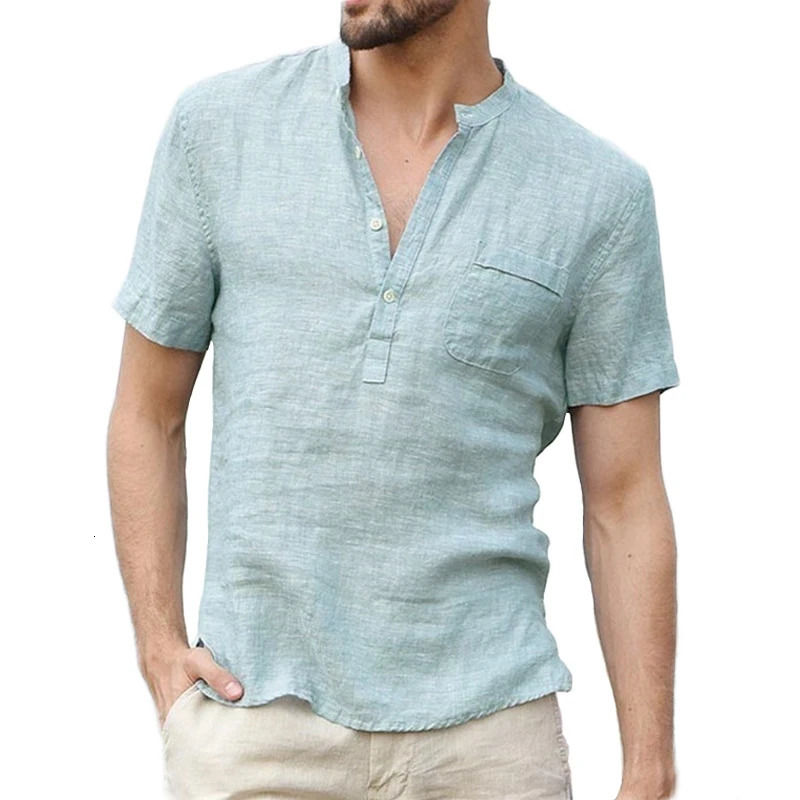Summer Fashion Cotton Linen Casual T-Shirts Casual Male Short Sleeve V-Collar Breathable Mens Tee Button-up T S-5XL 250224