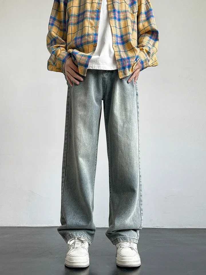 New 2025 Korean Style Mens Casual Long Jeans Classic Straight Denim Wide-Leg Pants Solid Colors Light Blue Grey Black up to 3XL X250227
