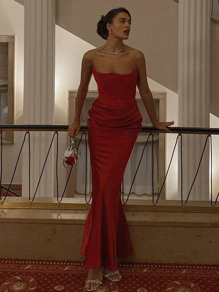 Strapless Fishbone Gown Dress Sexy Slim Fit Long Fishtail Dresses Solid Color Pleated Waist Cinching Satin Socialite Gloss Robes 250225