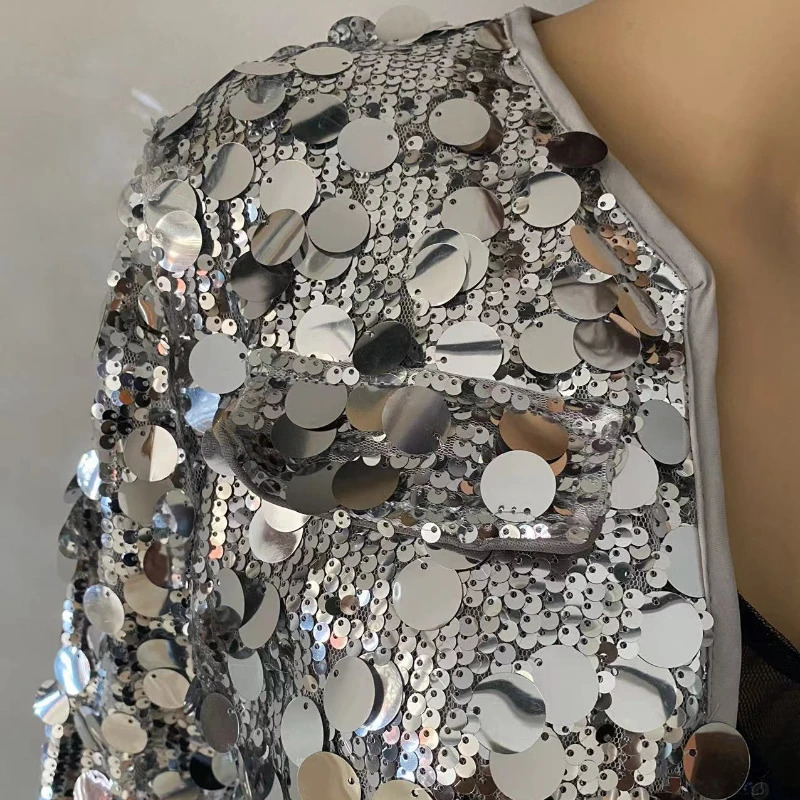 Spring Niche Fashion Heavy Industry Sequined Versatile Long Sleeve Jacket Womens Trendy Party Club Top 250227