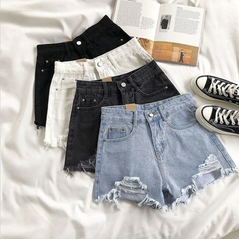 Korean Denim Holes Shorts For Women Fashion High WaistWide Leg Short Jeans Female Casual Street Short 250225