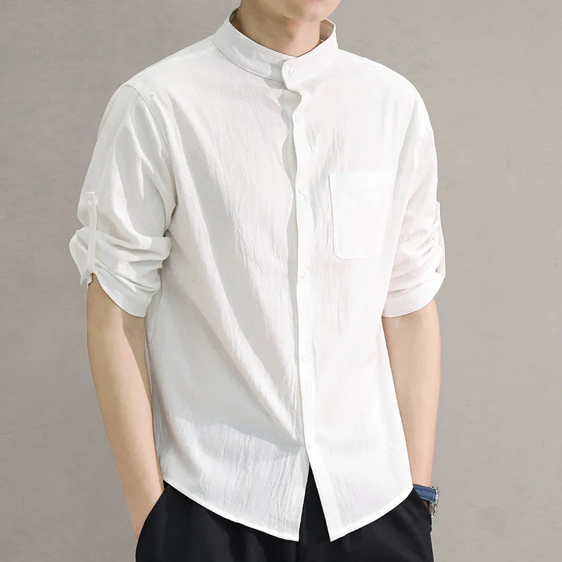 Spring and Summer Stand Collar Five-point Mid-sleeve Fashionable Mens Short-sleeved Shirt Seven-point Sleeve Large Size Mens 250224