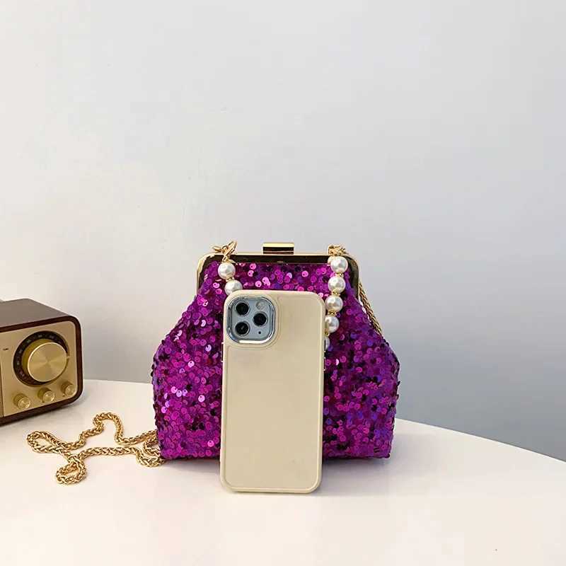 New Arrival Vintage Rose red Silver Purple Sequin Evening Bags Pearl Chain Handbag For Women Wedding Party Chain Shoulder Bags Small Clutch T250227