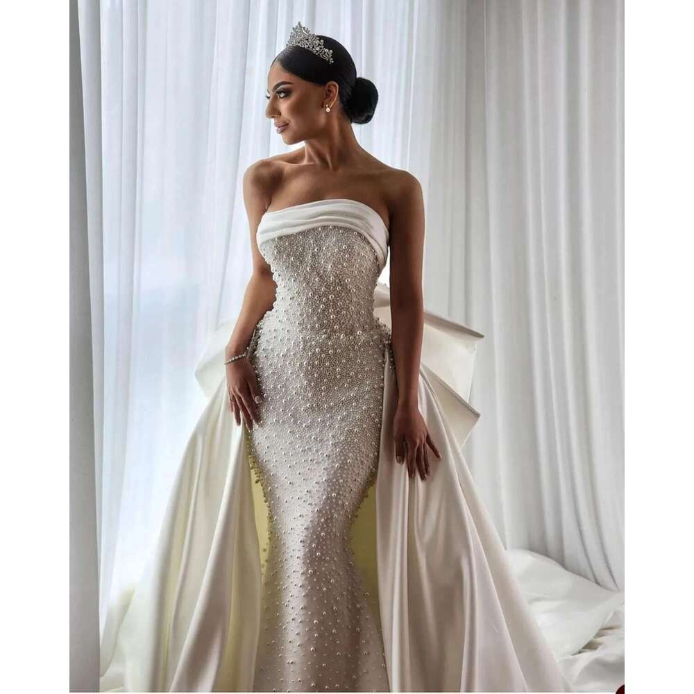 Glamorous Mermaid Strapless Wedding Whole Body Beads Detailing on the Back Court Dress Custom Made Bridal Dresses