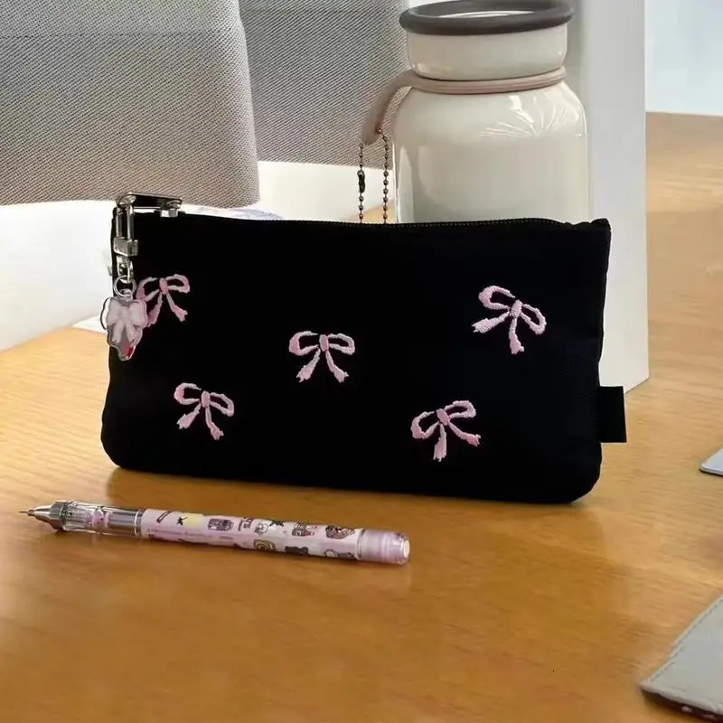 Ship from US Canvas Cute Bow Embroidered Bag Bowknot Pencil Case Cosmetics Lovely Pencilcase Large Capacity School Supplie 250227FBB
