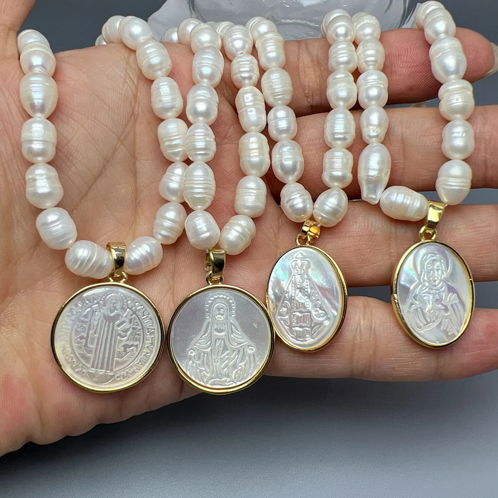 Natural Pearl Choker Female Shell Jesus Sacred Heart Virgin Mary Guadalupe Pendant Necklace For Women Religious Jewelry 250222